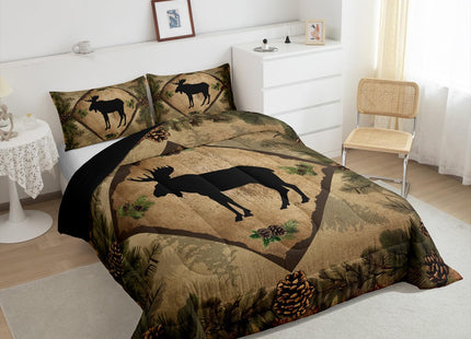 Farmhouse Moose Comforter Set Wild Animal Silhouette Rustic Style Bedding Comforter for Kids Teens Adults Jungle Cartoon Pine Cones Green Leaves Quilt Duvet Set with 2 Pillowcases Queen Size 3 Pcs