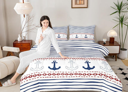 Boys Geometric Striped Bedding Set Navy Blue Anchor Comforter Set Twin Size Nautical Themed Quilted Duvet 2pcs for Kids Teens Men Adults Room Decor Sea Adventure Duvet Insert White,1 Pillowcase