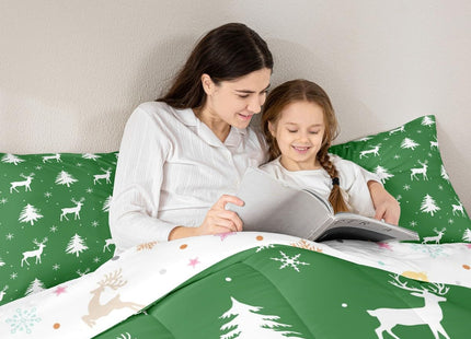 Manfei Christmas Deer Girls Bedding Set Twin Size, Snowflake Pine Tree Comforter Set，Rustic Farmhouse Xmas Quilt Comforter for Boys Teens,Green White Room Decor All Season,1 Pillowcase