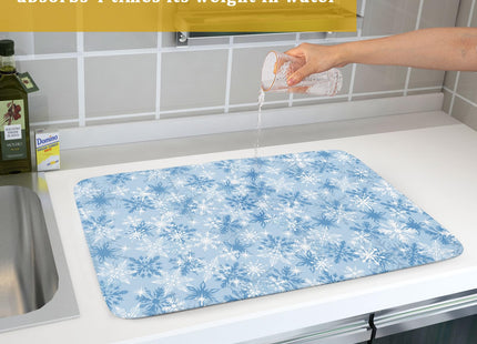 Winter Snowflake Dish Drying Mat for Kitchen Counter Blue White Christmas Snowflake Drying Mat 18x24 Inch Xmas Holiday Absorbent Dish Drainer Mat Christmas Kitchen Accessories