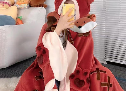 Cute Fox Blanket Hoodie, Wearable Blanket Adult for Halloween Cosplay, Soft Hooded Fox Cape for Women (Red Fox)
