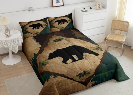 Homewish Lodge Cabin Comforter Set King Size 3 Pcs Wild Bear Retro Grid Rustic Style Comforter for Kids Teens Adults Outdoor Animal Pine Trees Silhouette Bedding Set with 2 Pillowcases+1 Comforter