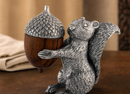 Vagabond House Pewter Squirrel with Wood Acorn Salt and Pepper Shaker Set Fall Harvest Tableware 3 inch Tall