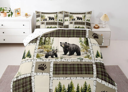 Rustic Lodge Bear Queen Comforter Set with Retro Buffalo Check Plaid Patchwork Quilt for Country Cabin Decor, Hunting Wild Animal Duvet Insert and Bedding with 2 Pillowcases
