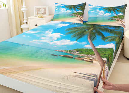 Erosebridal Ocean Beach Fitted Sheet Twin Size Palm Trees Bed Sheet Set Coastal Nature Theme Bed Cover for Kids Boys Girls Teens, Hawaiian Bedding Set, Blue White Room Dorm Decorative