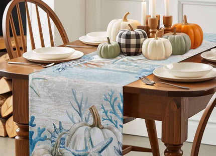 Boanket Blue Coastal Fall Table Runner - 36 Inch Long, Thanksgiving Pumpkins Kitchen Dining Table Runner Dresser Scarves, Starfish Coral Farmhouse Decor for Coffee Tables Wedding Party Banquet