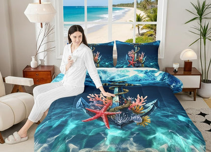 Castle Fairy Nautical Anchor 3 Pcs Comforter Set, Undersea Light Water Ripple Down Alternative Adults Bedroom Decor, Ocean Creature Starfish Coral Ultra Soft Microfiber Inner Fill, King 104''x90''