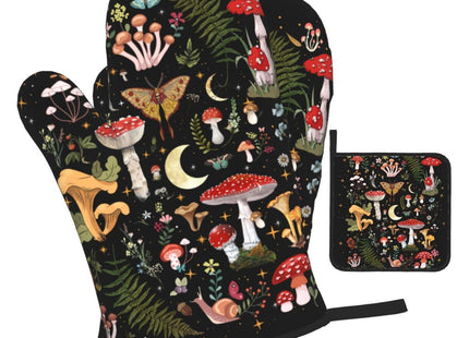 Black Mushroom Oven Mitts and Pot Holders Sets of 3 Witchy Hot Pads