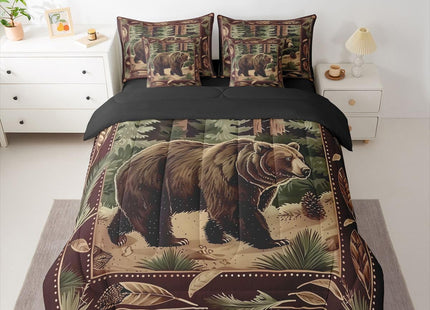 Erosebridal Rustic 7 Piece Comforter Set Queen | Farmhouse Cabin Bear Bed in A Bag Jungle Hunting Wild Animal Sheet Set Breathable Lightweight Brown Countryside Fitted Sheet Reversible