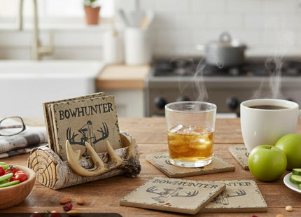 Pine Ridge Home Antler Wood Log Coaster Set with Holder - Bow Hunter Country Absorbent Coaster - Cabin Lodge Home Decor for Hunter Men - Man Cave Coasters Rustic Wood Decor Accent