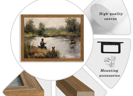 Wojuin Vintage Landscape Boy and Dog Fishing Canvas Wall Art 16x24 inch