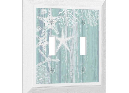 Starfish Wooden Double Toggle Light Switch Cover Plate, 2 Gang Decorative Wood Texture Wall Plate Outlet Cover Faceplate Home Decor 4.9" X 4.9"