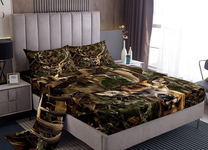 Camo Deer Kids Sheet Queen Size,Dead Branches Wild Animals Hunting Bedding Set,Boys Girls Adults Room Decor,Rustic Farmhouse Camouflage Brown Retro Bed Sheet Set 4pcs(Fitted + Flat + 2 Pillowcases)
