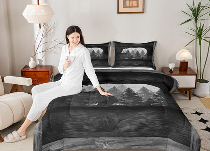 Castle Fairy Lodge Cabin Comforter Set Gray Bear Pine Tree Silhouette Pattern Quilted Duvet with 2 Pillowcases+1 Wild Animal Western Jungle Style Bedding for Teens Adults Full Size 3 Pcs