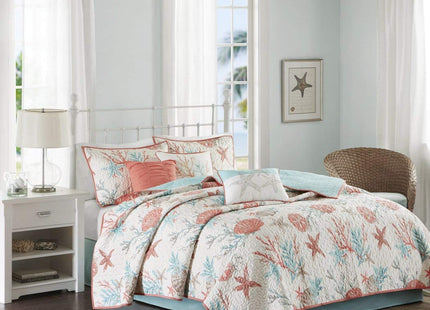 DH 6 Piece Vibrant Orange Pink Blue White King Quilt Set, Coral Tourquoise Teal Starfish Beach Themed Bedding Sea Shell Anchor Reversible Nautical Coastal Sand Dollar Ocean Sea Life, Cotton