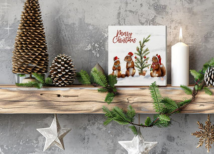 LUKIPOM Cute Squirrel Christmas Wooden Box Sign, Squirrel Decor,Merry Christmas Wood Signs for Home Office Desk Shelf Table Decor, 5x5 Inch