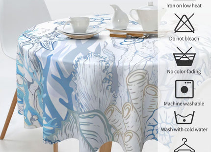 Jecuwo Nautical Coastal Round Tablecloth 60 Inch Turtle Coral Starfish Table Cover Seashell Ocean Beach Washable Decoration Tablecloth Indoor and Outdoor Dining Table Home Party Decor