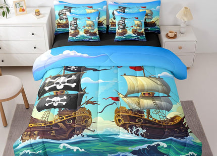 Erosebridal Sailboat Bed in A Bag Full Sailing Ship Nautical Comforter Set 7 Piece for Kids Boys,Ocean Wave Bedding Set Cartoon Pirate Ship Bed Sheets Set with Comforter