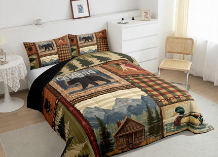 RV Camper Queen Comforter Set,Happy Camping Bedding Set for Teens Youth,Hunting Duck Bear Bedding Comforter Sets Rustic Plaid Woodland Adventure Duvet Insert with 2 Pillow Shams Bedroom Decor