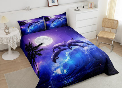 Castle Fairy Dolphin Comforter Set for Boys Girls Kids Teens,3-Pieces Ocean Waves Bedding Comforter Full Size,Moonlight at Night Printed Quilt Set with 2 Pillowcases