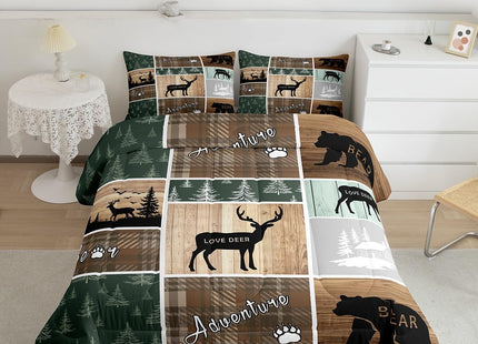Retro Cabin Comforter Set 3Pcs, Pine Tree Buffalo Plaid Quilt Bear Deer Elk Bedding, Forest Wildlife Woodland Animals Duvet Insert Hunting Lodge Country Rustic Farmhouse Bedroom Decor, Full Size