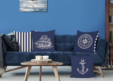 Bonhause Nautical Navy Blue Pillow Covers 18x18 Set of 4 Anchor Lighthouse Sailboat Compass Decorative Pillow Cases Linen Cushion Covers for Sofa Couch Bed Lake House Home Decor