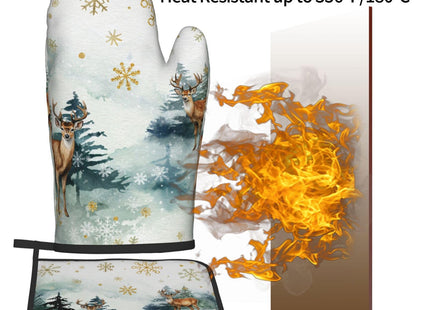 Winter Green Forest and Deer Oven Mitts and Pot Holders Sets Heat Resistant Non Slip Gold Snowflake Xmas Kitchen Gloves Hot Pads Potholders 2 Pack Set Holiday Decor for Chef Cooking Bakers Kitchen