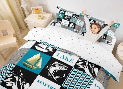 Lake House Duvet Cover Full Size,Retro Sailboat Fishing Comforter Cover Geometric Plaid Ripple Patchwork Bedding Set Rustic Farmhouse Bedspread Cover For Kids Boys Teens,Blue Black White,Corner Ties