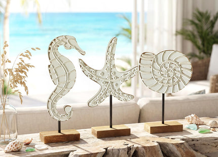 Leinuosen 3 Pcs Wooden Beach Ocean Table Decor White Neutral Coastal Table Centerpiece Rustic Decorative Wood Nautical Figurines Sea Life Starfish Conch Seahorse Statue for Ocean Beach Home Decor