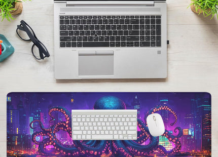 Octopus Gaming Mouse Pad Desk Pad Neon Cityscape Cthulhu Mousepad XL Large Gaming Mouse Pad Laptop Keyboard Mat Desk Pad Office Home Decor for Women Girl 31.5"x11.8"