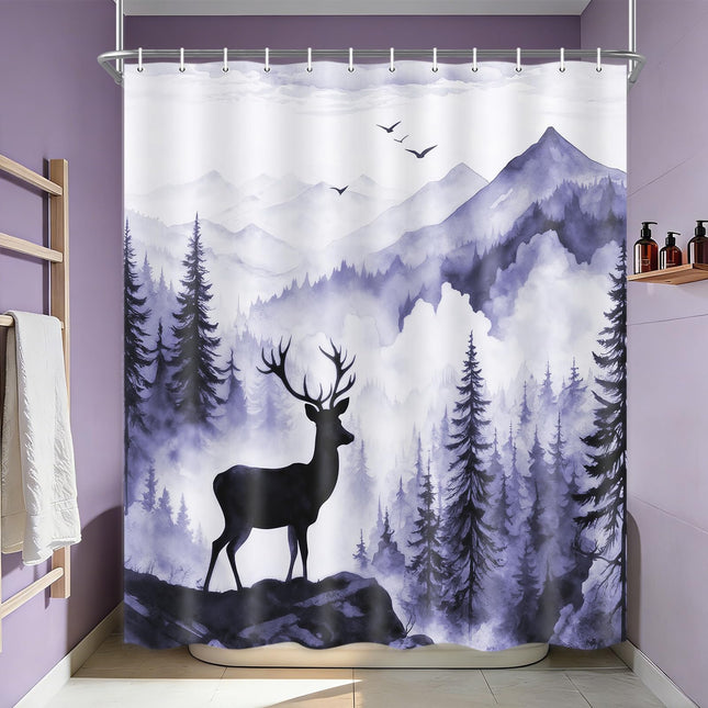 VeiVian Purple Misty Forest Deer Shower Curtain, Nature Mountain Landscape Modern Bathroom Decor, Waterproof Fabric Woodland Pine Animal Shower Curtain Set Rustic Cabin Style with Hooks, 72x72