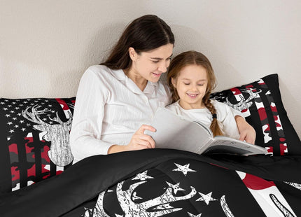 Camo Deer Comforter Set Queen Red Black Camouflage American Flag Bedding Set For Teen Boys Kid,Western Hunting Antler Bedding Comforter Sets Woodland Animal Quilt Set Rustic Farmhouse Room Decor 3 Pcs