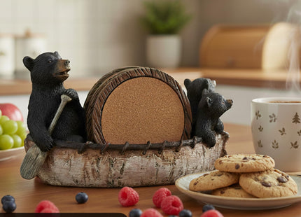 Black Bear Canoe Coaster Set with Holder - Pine Ridge 3 Rustic Black Bear Cabin Decor Absorbent Coaster Drink - Set of 5 Drink Coaster Set