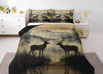 Erosebridal Rustic Deer Comforter Set for Kids Teens Adults, Woodland Animal Hunting Themed Twin Size Bedding Set, Nature Lake Scenery Duvet Insert Country Cabin Lodge Quilt, Black Reversible