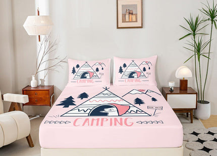 Manfei Happy Camping Campers Fitted Sheet Twin, Tent Pines Bear Sketch Bedding Set, Happy Outdoors Natural Bed Cover 2Pcs for Kids Teens Adults Room Decor,Rustic Pink Bed Sheet Set with 1 Pillowcase