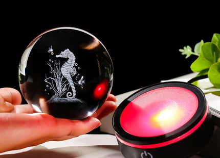 YWHL 3D Seahorse Crystal Ball Figurine with LED Base, Seahorse Gifts for Women Men on Christmas Birthday, Glass Sea Horse Decor Globe Night Light for Home Office (80mm)