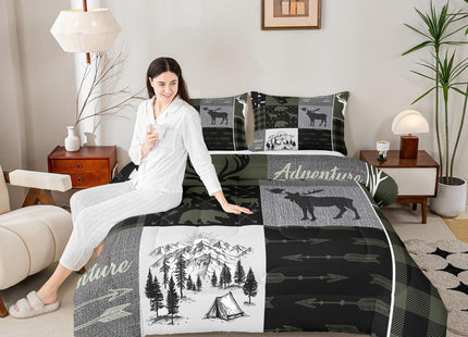Hunting Rustic Lodge Duvet Insert Queen, Deer Bear Patchwork Comforter Set