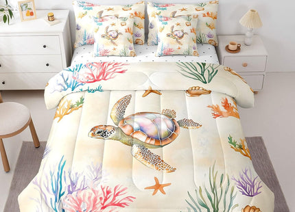 Erosebridal Sea Turtle Comforter Set with Sheets, Ocean Life Bed in A Bag for Bedroom Decor, Sea Animal 7 Pieces Bedding Set