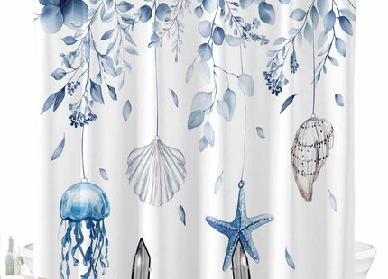 Split Shower Curtain for Transfer Bench, Blue Coastal Waterproof Fabric Shower Curtain, Spring Eucalyptus Leaf Beach Starfish Tub Sliding Transfer Bench Shower Curtains for Bathroom 72'' x 72''