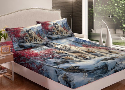 Castle Fairy Wolf Family Bed Sheet Set Twin Size 3Pcs,Animal Wolves Printed Fitted Sheet Set for Kids Boys Teens,Winter Natural Wildlife Bedding Set with 1 Flat & 1 Fitted Sheet with 1 Pillowcase