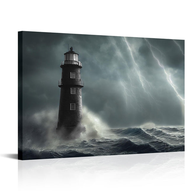 Artsbay Lighthouse Wall Art Ocean Wave Seascape Pictures Lightning Storm Canvas Prints Black and White Home Decor for Living Room Bedroom Office 24'' x 36''