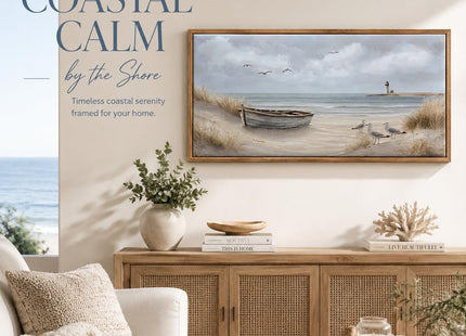 Framed Beach Coastal Lighthouse Canvas Wall Art 16X32 Inch