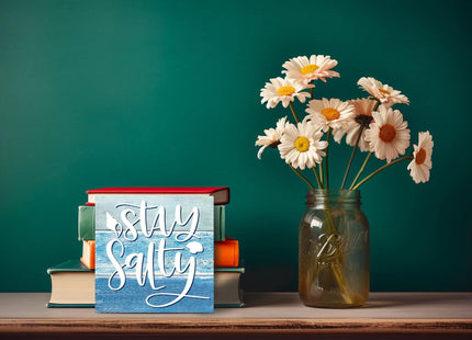 Summer Beach Decorations for Home, Starfish Theme House Room Bedroom Bathroom Decor Classroom, Wood Box Sign 5 X 5 Inch (Stay Salty Sign)