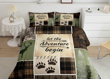 Rustic Patchwork King Size Quilt Bedding Set,Brown Plaid Check Adventure Comforter Set for Men Women Adults,Lodge Country Deer Bear Duvet Insert Retro Nordic Boho Arrow Down Comforter,3 Pieces
