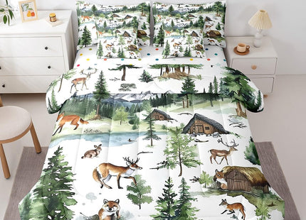 7 Piece Rustic Farmhouse Full Bed in a Bag for Women Boys Western Farmstyle Sheet Set, Wild Animal Fox Moose Rabbit Bear Print Bedding Set with Comforter for Teens Girls Kids Wildlife Cushion Covers