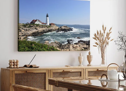 Canvas Wall Art Prints Lighthouse Head Light Portland Maine New England Rocky Shore Poster for Living Room Bedroom Home Office Kitchen Hallway Background Wall Decor Framed (Framed,12x18 inch)