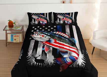 HOSIMA Soft Microfiber Black King Size Comforter Set with 2 Pillowcases,American Flag Striped Bass Pattern Bedding Sets,Fishing Comforter Kids Men Boys Room Decor,Room Essentials for Men.