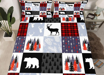 Teens Hunting Moose Deer Bed Sheets, Bear Trees And Vines Patchwork Fitted Sheet Twin For Kids Boys Girls, Rustic Wildlife Sheet Set Farmhouse Country Top Sheet, Red Black Plaid With White And Gray