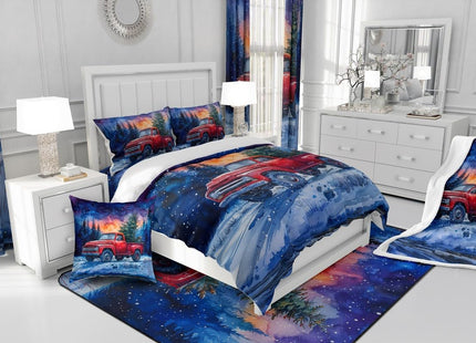 Red Truck Kids Comforter Set Twin Size,Christmas Tree Snowflake Bedding Set for Teens Boys Girls Room Decor,Woodland Nature Scenery Quilt Set 2Pcs,Merry Christmas Theme Duvet Insert,1 Pillowcase