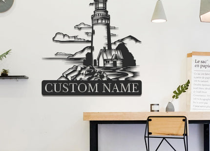 Personalized Lighthouse Metal Wall Art - Custom Nautical Name Sign, Outdoor Beach House Decor, Coastal Wall Decor Gift for Beach Lovers (Lighthouse A)